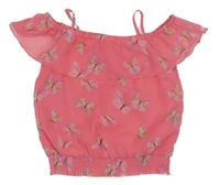 Růžový šifonový halenkový top s motýly Dopodopo