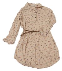 Béžové plátěné květované košilové šaty s páskem H&M