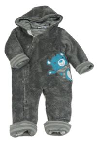 Tmavošedá melírovaná plyšová zateplená kombinéza s medvídkem a kapucí Bubble Gum