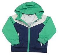 Zeleno-bílo-tmavomodrý šusťákový jarní bomber s logem a kapucí Nike