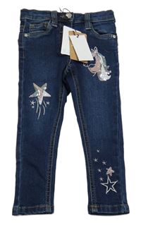 Nové - tmavomodré skinny teplákové rifle s jednorožcem s flitry a hvězdičkami M&Co