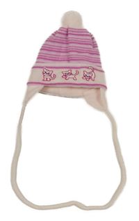 Světlerůžovo-tmavorůžová pruhovaná pletená čepice s koťátky a bambulí