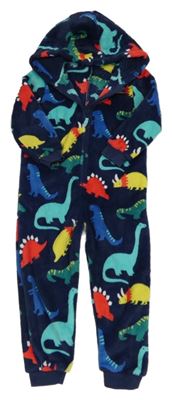 Tmavomodrá plyšová kombinéza s barevnými dinosaury a kapucí M&S