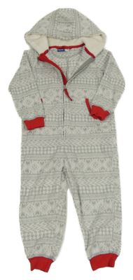 Světlešedo-bílo-červená vzorovaná fleecová kombinéza se srdíčky a kapucí lupilu