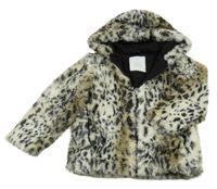 Smetanovo-hnědo-černá vzorovaná kožešinová podšitá bunda s kapucí Matalan