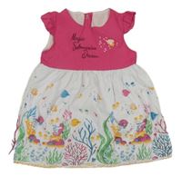 Tmavorůžovo-bílé šaty s rybičkami a mořskými koníky a nápisy a volánky BIDIRIK