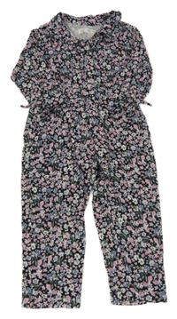 Černý kalhotový overal s kytičkami a límečkem ZARA