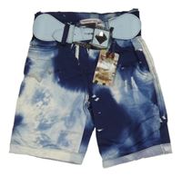 Nové - tmavomodro-bíllo-modré batikované kraťasy s páskem flamingo