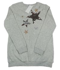 Nové - světlešedá melírovaná dlouhá mikina s hvězdičkami a flitry H&M