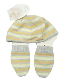 2set- Barevná pruhovaná pletená čepice + novorozenecké rukavice  