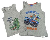 2x šedé melírované tílko - s krokodýlem + s příšerkami a monster truckem