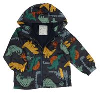Tmavomodrá šusťáková podzimní bunda s dinosaury a kapucí zn. Matalan