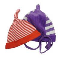 2x čepice - červeno-bílá pruhovaná bavlněná + fialovo-bílá sametová s pruhy