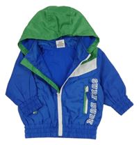 Modro-zeleno-bílá šusťáková jarní bunda s nápisem a kapucí