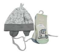 3set - Bílá bavlněná čepice s medvědy + 2x smetanové ponožky s příšerkou