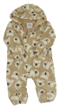 Béžová chlupatá zateplená kombinéza s medvědy a kapucí F&F