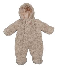 Starorůžová kožešinová zateplená kombinéza s mašlí a kapucí