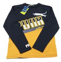 Nové - Tmavomodro-hořčicové triko s nápisem a pumou