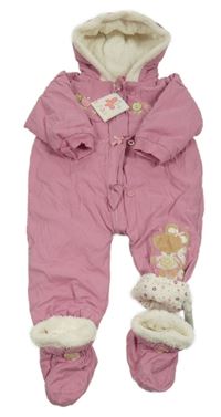 Nové - Starorůžová plátěná zateplená kombinéza s myškou a kapucí + capáčky