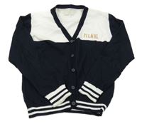 Tmavomodro-bílý propínací svetr s nápisem