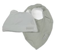 2set - Bílá žebrovaná bavlněná čepice s oušky + světlezelený žebrovaný slinták