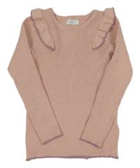 Růžový žebrovaný lehký svetr s volánky Primark