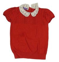 Červená pletená vesta s bílou krajkou Mothercare
