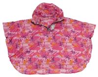 Růžové vzorované šusťákové pončo s opicemi a kapucí 