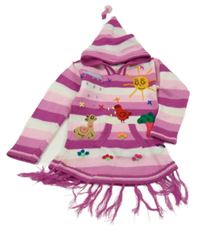 Růžovo-bílé pruhované vlněné šaty s obrázky a kapucí 