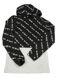 Černá sportovní crop mikina s nápisy a všitým topem a kapucí 