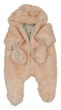 Růžová kožešinová zateplená kombinéza s kapucí + rukavice Mothercare