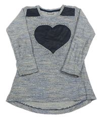 Bílo-modrý melírovaný svetr s kamínky a srdíčkem 