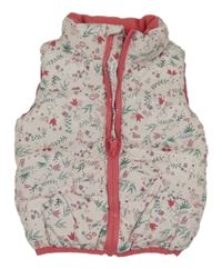 Bílo-růžovo-zelená květovaná šusťáková zateplená vesta Dopodopo