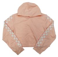 Růžovo-bílá crop mikina s kostkovanými rukávy a kapucí 