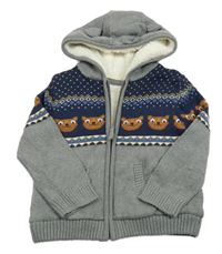 Tmavomodro-šedý zateplený propínací svetr s medvědy a kapucí Mothercare