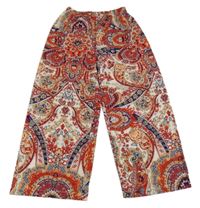 Nové - Červeno-béžovo-modré vzorovnaé lehké kalhoty Shein