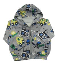 Šedá šusťáková jarní bunda s traktory a kapucí