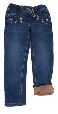 Modré teplé džegíny s kytičkami C&A