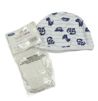 3set - Bílá pruhovaná čepice s dinosaury + 2xbílé rukavice