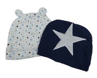 2x čepice s hvězdami - tmavomodrá + bílá 