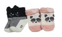 2x ponožky růžovo-bílé s pandou+ černo-bílé pruhované 