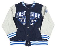 Tmavomodro-šedá baseballová mikina s nápisy a pruhy bpc