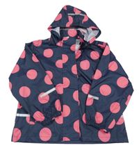Tmavomodro--růžová puntíkatá šusťáková větrovka s kapucí 