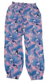 Světlerůžovo-modré volné kalhoty s listy Alive