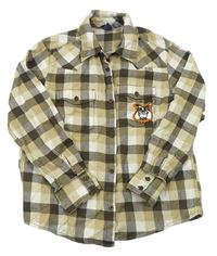 Béžovo-hnědá kostkovaná flanelová košile s buldokem H&M