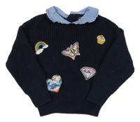 Tmavomodrý žebrovaný svetr s nášivkami límečkem Monoprix