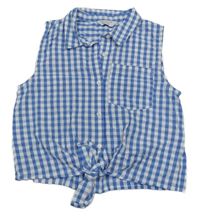 Modro-bílá kostkovaná crop krepová halenka s uzlem Primark 