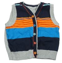 Tmavomodro-modro-oranžovo-šedá pruhovaná melírovaná propínací svetrová vesta Mothercare