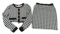 2Set - Černo-bílá vzorovaná sáčková slavnostní crop mikina s gombíky + sukně 