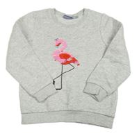 Světlešedá melírovaná mikina s plameňákem s překlápěcími flitry lupilu